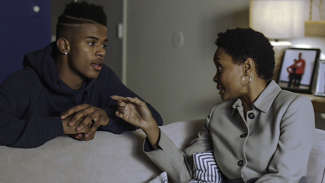 Actor Trevor Jackson, who plays NBA hopeful Marcus Jennings, with actress Maria Howell, who plays Jennings' mother, on set.