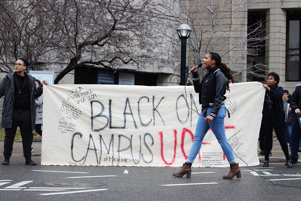 Yusra Khogali, one of the leaders of Black Lives Matter TO, leads a chant at an action led by the University of Toronto’s Black Liberation Collective. // Photo © Angelyn Francis 